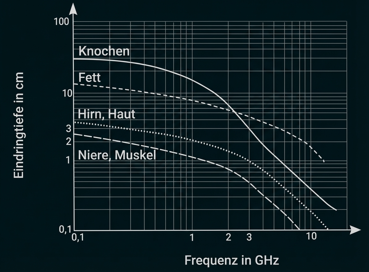 Log-Log-Diagramm: Eindringtiefe (cm) gegen Frequenz (GHz) mit Kurven für Knochen, Fett, Hirn/Haut, Niere/Muskel.